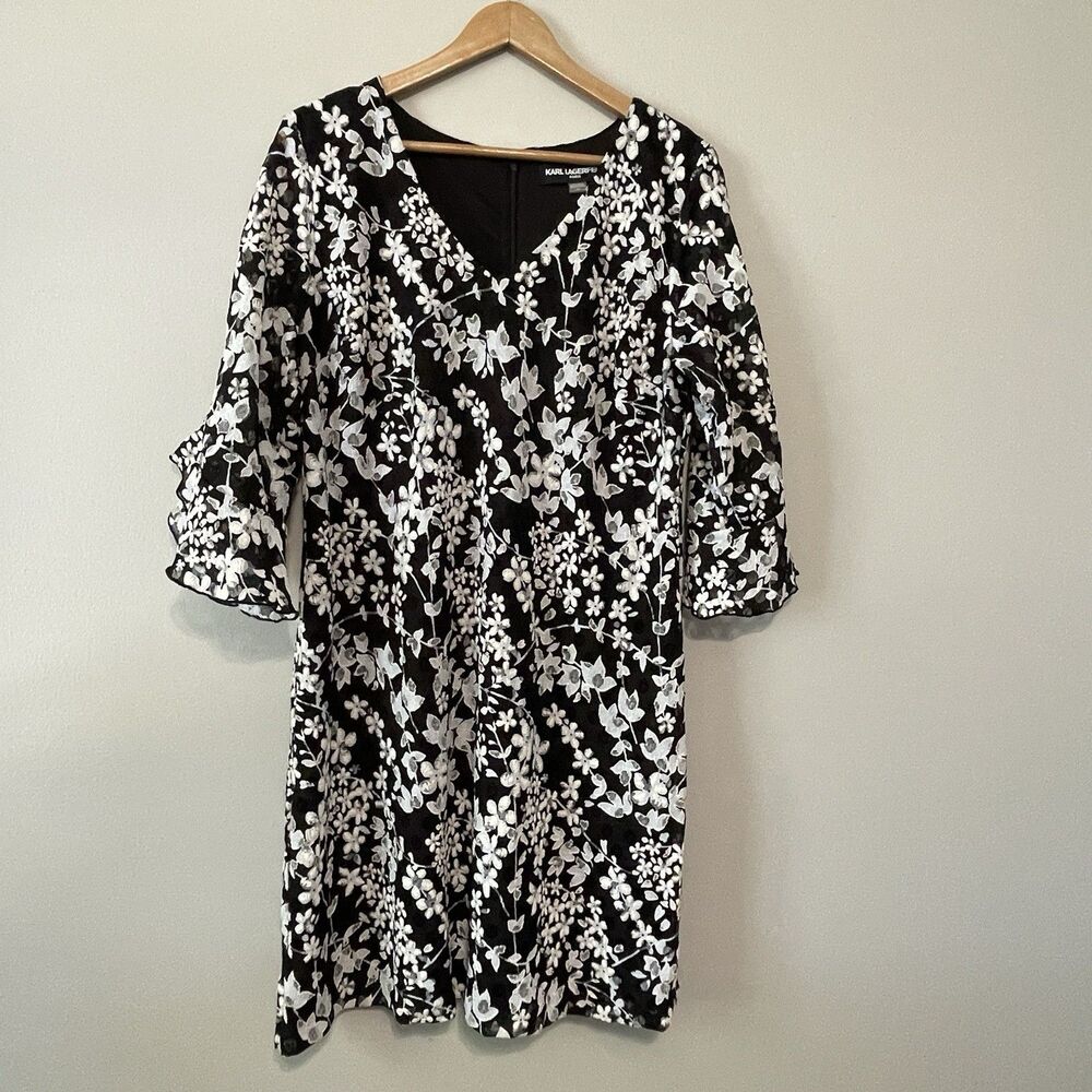 Karl Lagerfeld Paris Carys Dress Black White Floral Lace 14 Bell Sleeve Event